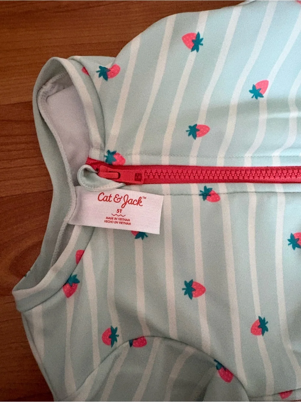 Cat & Jack Mint and Pink Long-Sleeve One-Piece Swimsuit with Strawberry Print